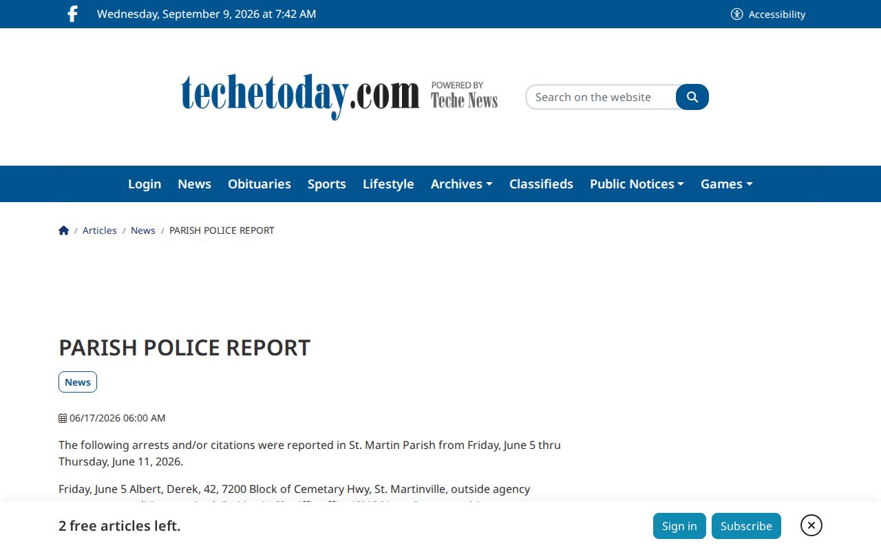 TecheToday St. Martin Parish Police Report multi-day date window