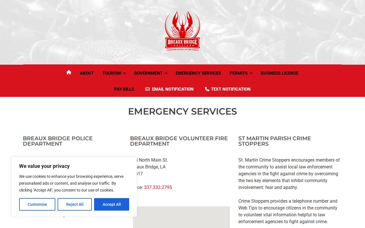 Breaux Bridge emergency services page with police contact information