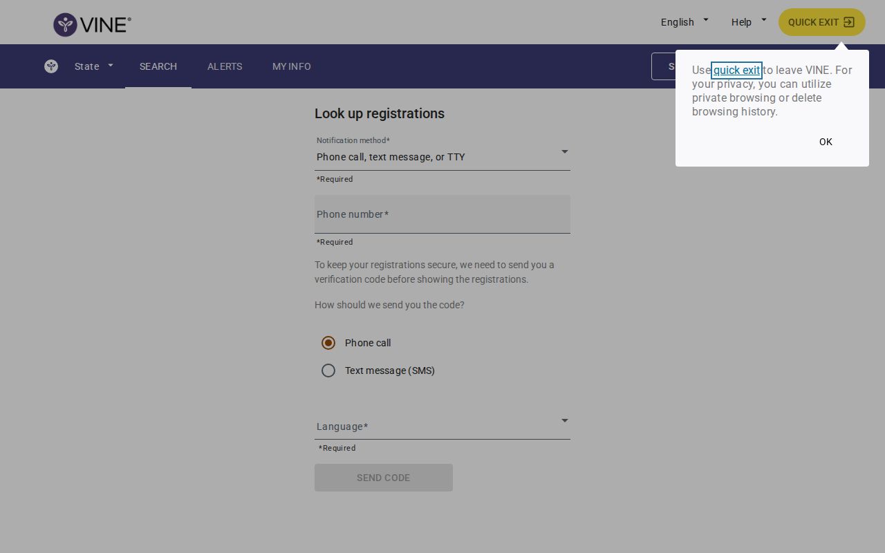 Official VINELink notification registration interface