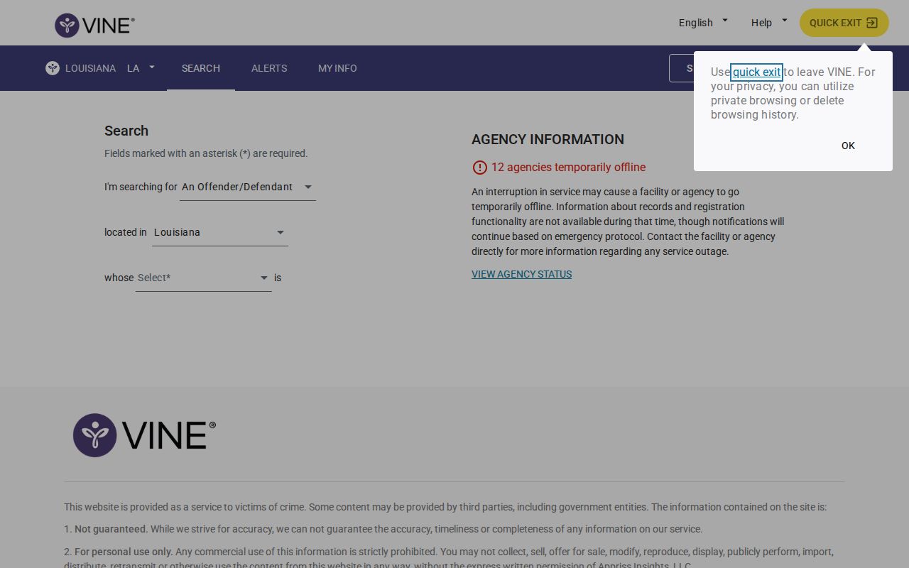 Official VINELink Louisiana person search interface