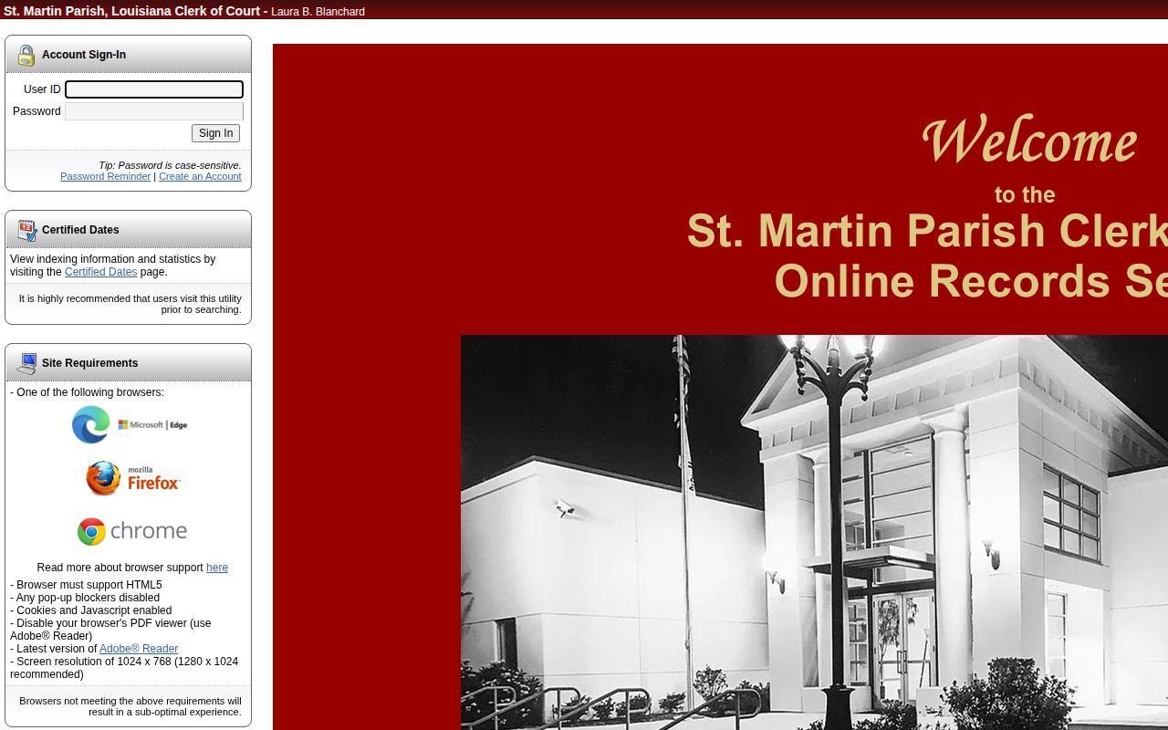 St. Martin Parish Clerk linked court records login interface